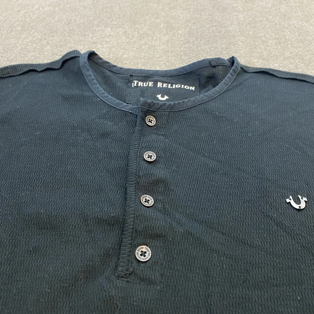 True Religion Henley Shirt Mens XL Black Long Sleeve Waffle Knit Casual Pullover